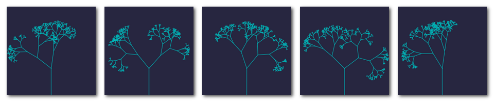 Варіанти дерев при різних кутах розгалуження